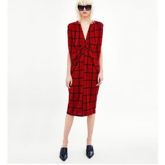 Zara Dresses & Skirts - Zara | Black & Red Checkered MIDI Dress